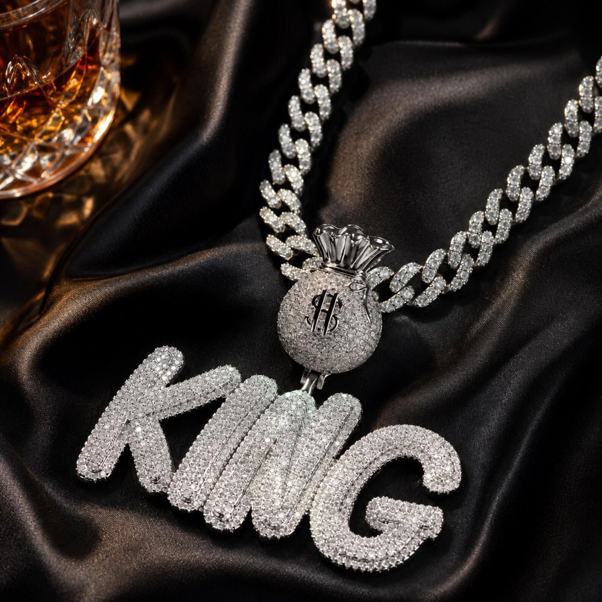 Iced Out KING pendant with money bag bail in 925 sterling silver and moissanite